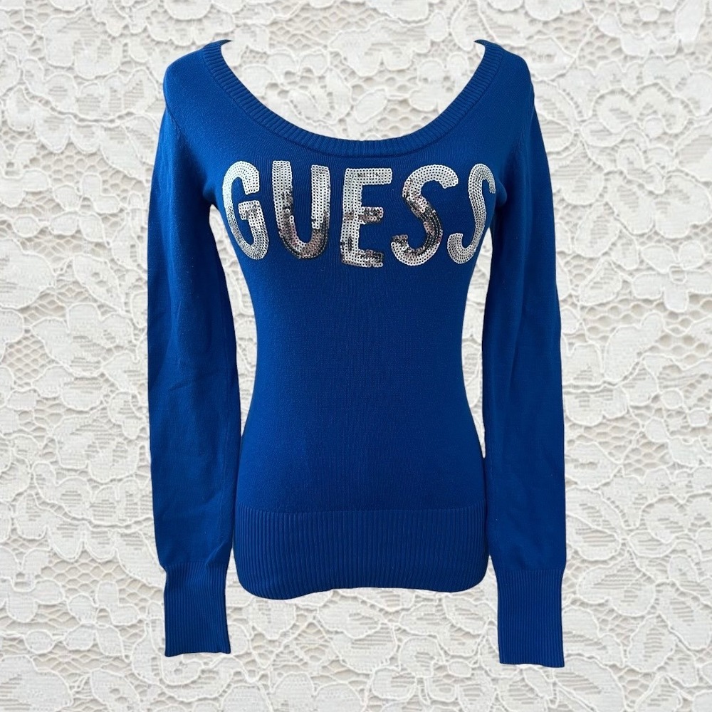 vintage guess blue sequin logo fitted long sleeve sweater